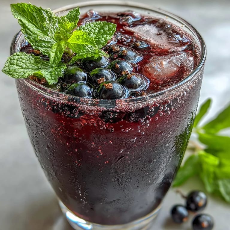 Black Currant Shrub syrup being poured into a glass, showing its deep ruby color and tangy, vibrant consistency.