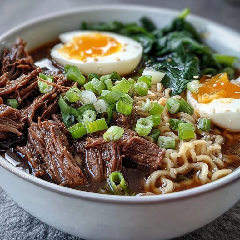 A rich and savory bowl of Slow Cooker Beef Ramen Noodles featuring wilted spinach and noodles in beef broth.
