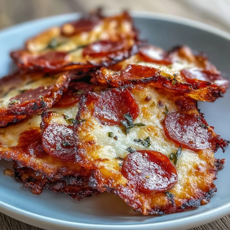 Close-up view of crispy Pepperoni Cheese Crisps on a wire rack, highlighting golden edges and keto-friendly texture.