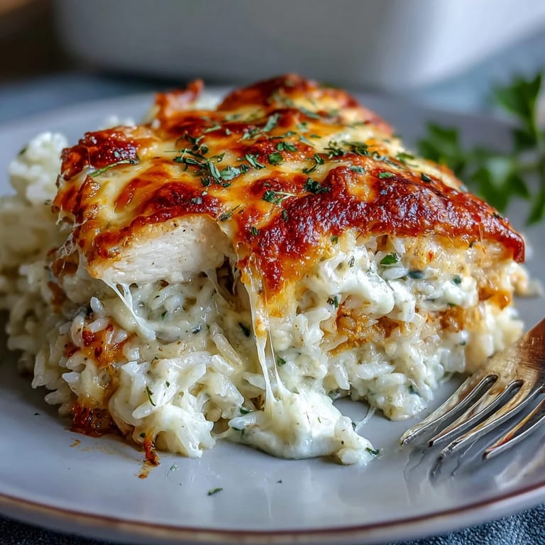 Fresh parsley garnish highlights this comforting, baked Creamy Garlic Chicken & Rice Casserole dinner.