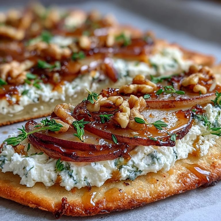 Rustic Goat Cheese & Pear Flatbread featuring sweet pears, savory onions, and a spicy hot honey glaze ready to slice.