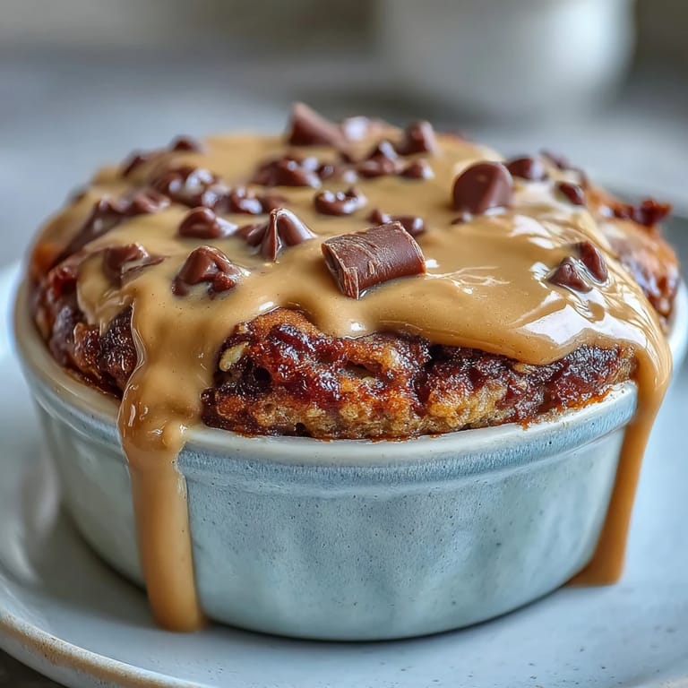 Golden Peanut Butter Cup Protein Pancake Bowl topped with rich chocolate chips and a luscious peanut butter swirl.