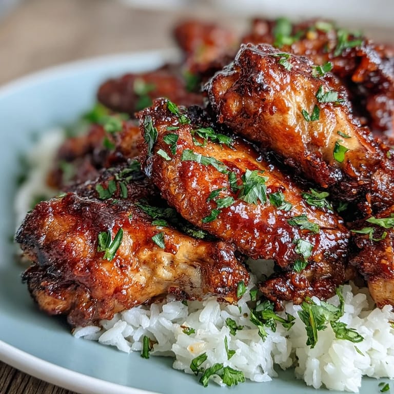 Crispy Oven-Baked Honey Garlic Chicken Wings tossed in sweet savory sauce on a plate with steaming buttery rice ready to eat.