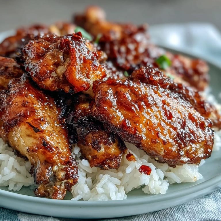 Juicy Oven-Baked Honey Garlic Chicken Wings glistening with glaze on fluffy white rice with a side of chilled Riesling for dinner.