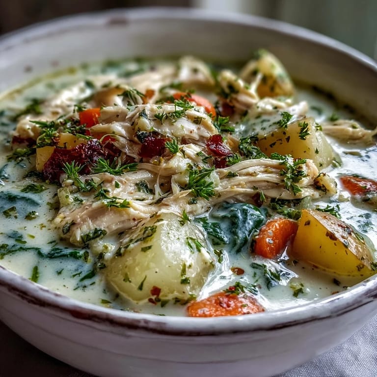 Golden, shredded ranch-seasoned chicken rests atop a steaming bowl of creamy vegetable soup, garnished with fresh parsley.