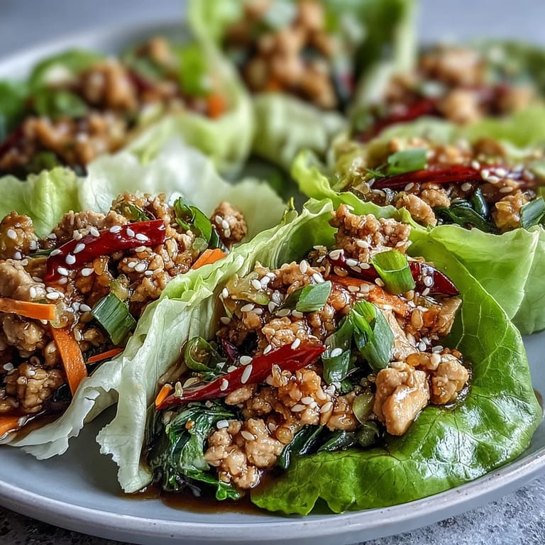 Close-up of Turkey Potsticker Stir-Fry Lettuce Wraps served with red bell peppers and shredded cabbage on a plate.