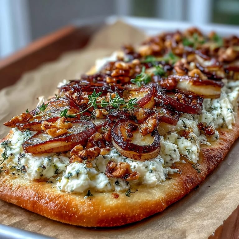 Fresh pear slices and creamy goat cheese on a baked flatbread, finished with thyme and a sweet-spicy honey drizzle.