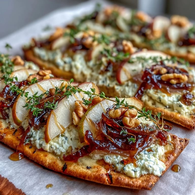 Rustic Goat Cheese & Pear Flatbread with caramelized onions, walnuts, and hot honey, sliced and ready to serve as an appetizer.