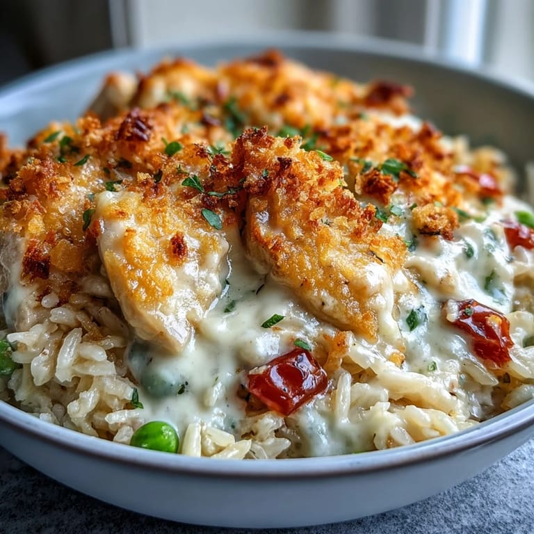 Steam rises from a freshly baked Creamy Garlic Chicken & Rice Casserole, showing its fluffy rice texture and golden, cheesy crust in a white dish.