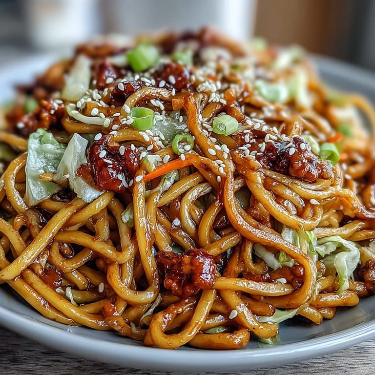 Tongs lifting a serving of Korean Turkey Fried Noodles from a hot skillet, steam rising from the savory ground turkey and noodles.