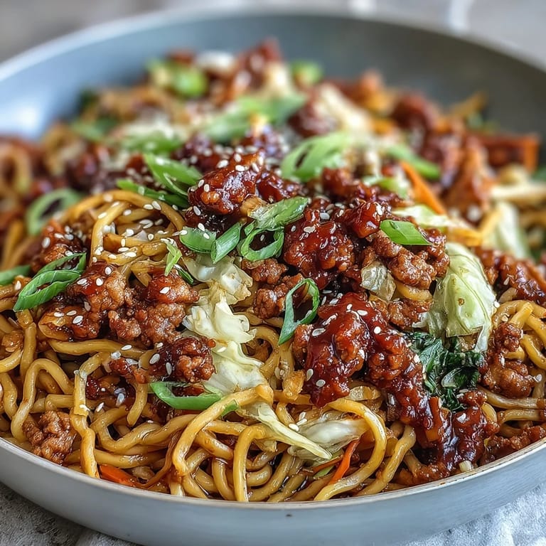 Close-up of Korean Turkey Fried Noodles garnished with toasted sesame seeds and green onions, ready to be served with chopsticks.