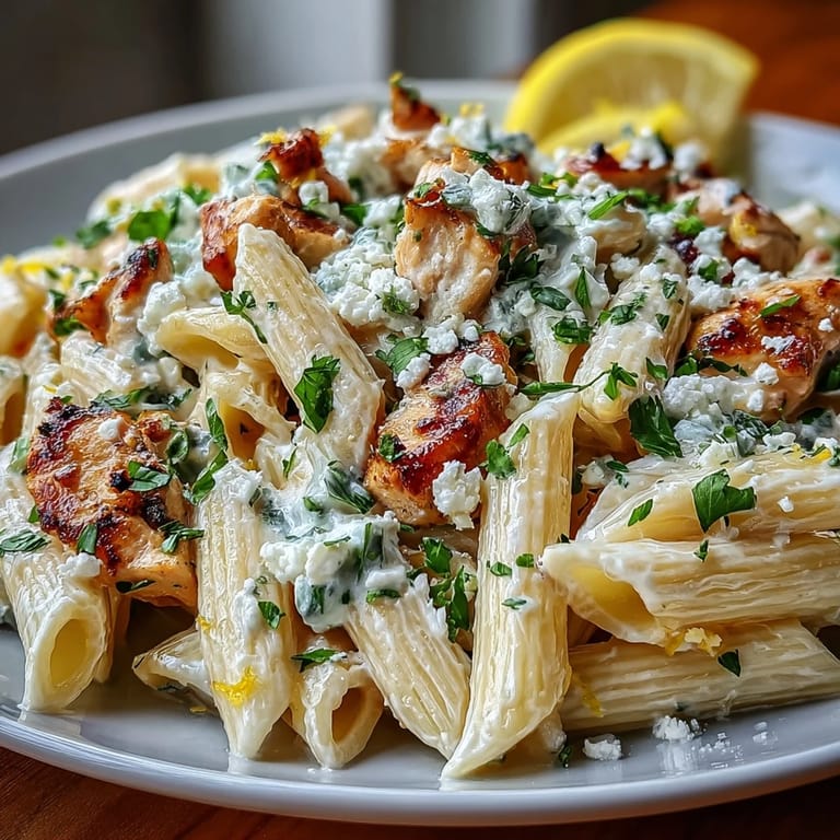 A fork lifts a bite of the Creamy Lemon Feta Chicken Pasta, showing tender chicken and melted cheese.