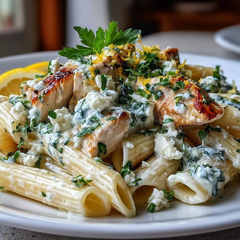Top-down view of Creamy Lemon Feta Chicken Pasta with grated Parmesan and a glass of white wine.