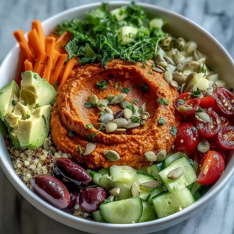 Healthy vegan roasted red pepper hummus Buddha bowl with avocado, cucumber, and olives on a rustic table.