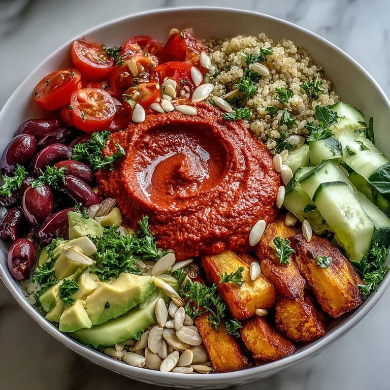 Colorful Mediterranean-inspired vegan roasted red pepper hummus Buddha bowl with shredded cabbage and parsley garnish.