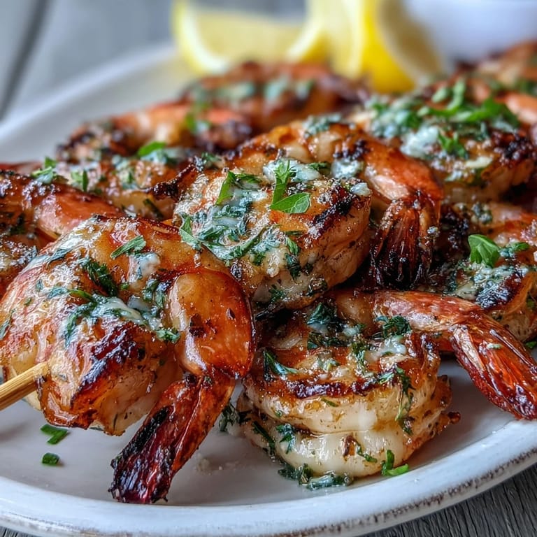 Four Light Lemon Herb Grilled Shrimp Skewers plated over salad with lemon wedges and a white wine pairing.