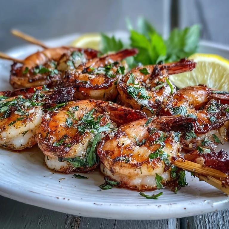 Close-up of Light Lemon Herb Grilled Shrimp Skewers showing juicy shrimp, glistening marinade, and vibrant herbs.