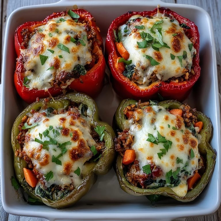 Lean ground turkey and brown rice filling inside bright red and yellow bell peppers.