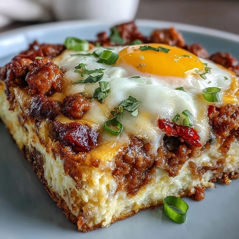 A slice of Keto Sausage and Egg Breakfast Bake is served on a plate with a fresh side salad.