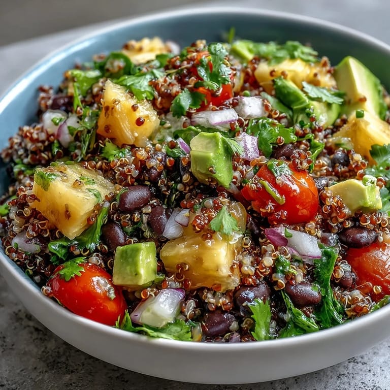 Colorful Tropical Quinoa Salad with Pineapple and Black Beans topped with diced avocado and a zesty lime dressing.