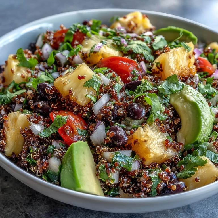A large bowl of Tropical Quinoa Salad with Pineapple and Black Beans garnished with fresh cilantro for a light lunch.