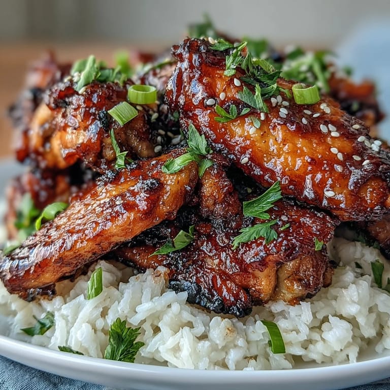 Saucy Oven-Baked Honey Garlic Chicken Wings & Rice are piled high over fluffy, buttery rice.