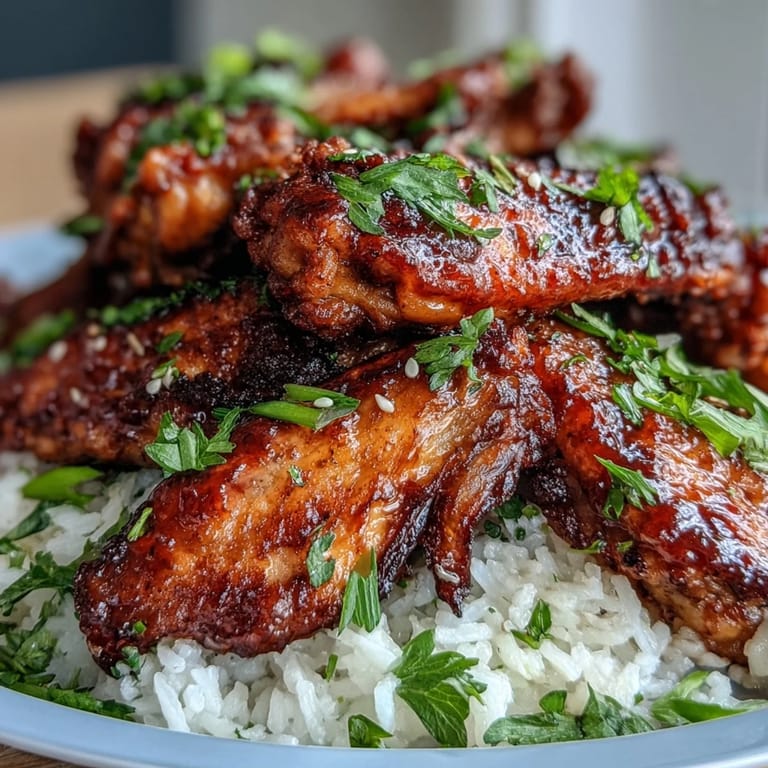 Steam rises from Oven-Baked Honey Garlic Chicken Wings & Rice, garnished with fresh parsley and green onions.