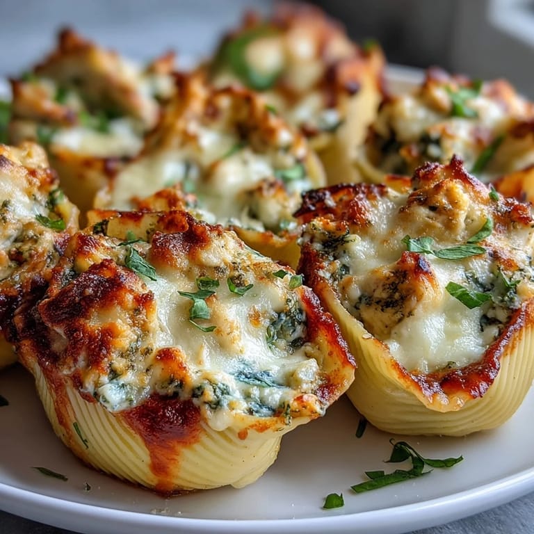 Savory Pesto Lasagna Stuffed Shells served bubbly from the oven with a side salad.