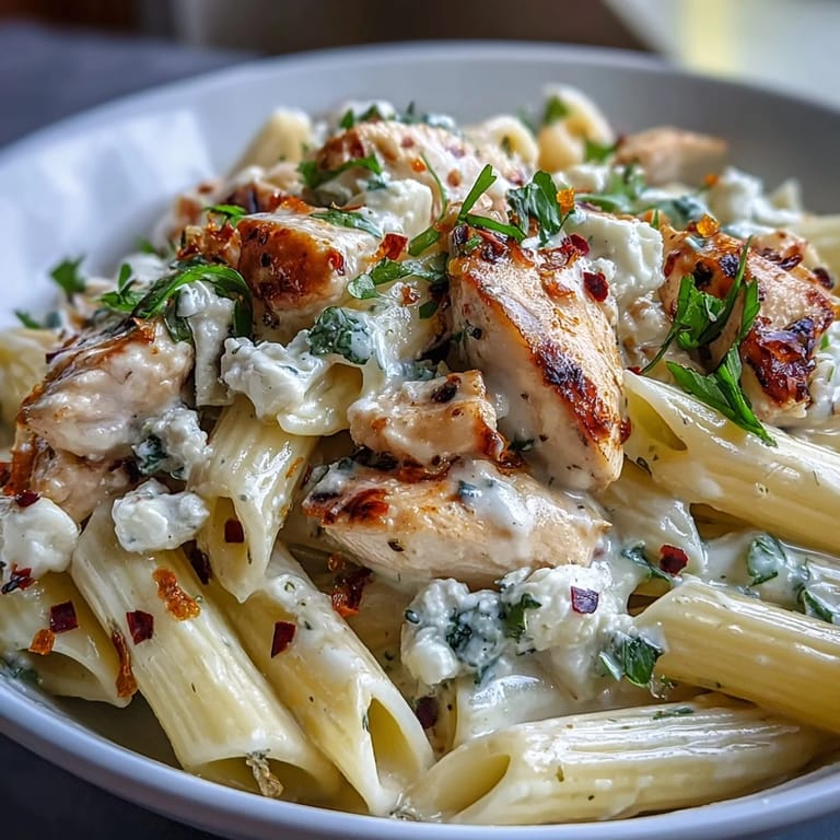 Serving suggestion for Creamy Lemon Feta Chicken Pasta with a glass of crisp white wine.
