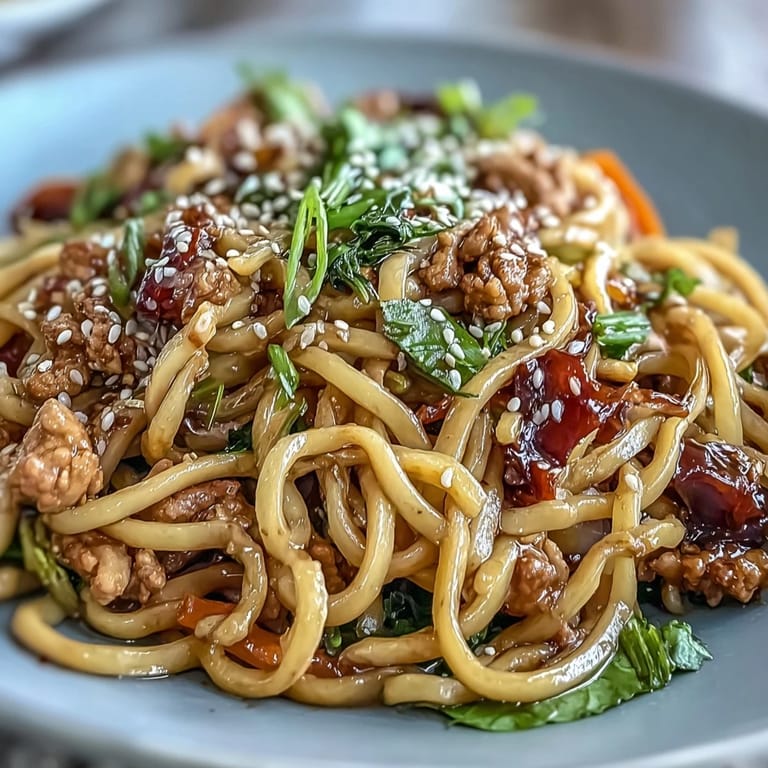 A wok holds Korean Turkey Fried Noodles with turkey, red peppers, and a glossy, spicy-sweet sauce.