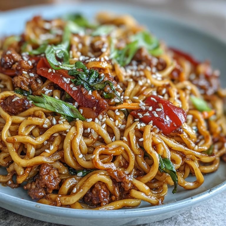 Two chopsticks lift a bite of Korean Turkey Fried Noodles from a serving bowl next to kimchi.