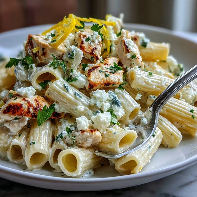 Top-down view of Creamy Lemon Feta Chicken Pasta with grated Parmesan and a glass of white wine.