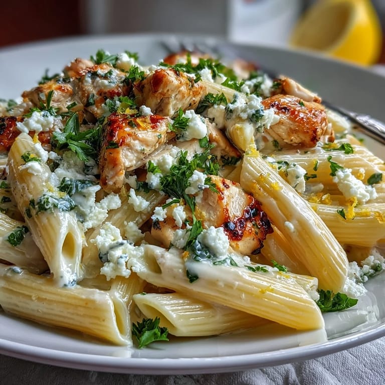 A fork lifts a bite of the Creamy Lemon Feta Chicken Pasta, showing tender chicken and melted cheese.