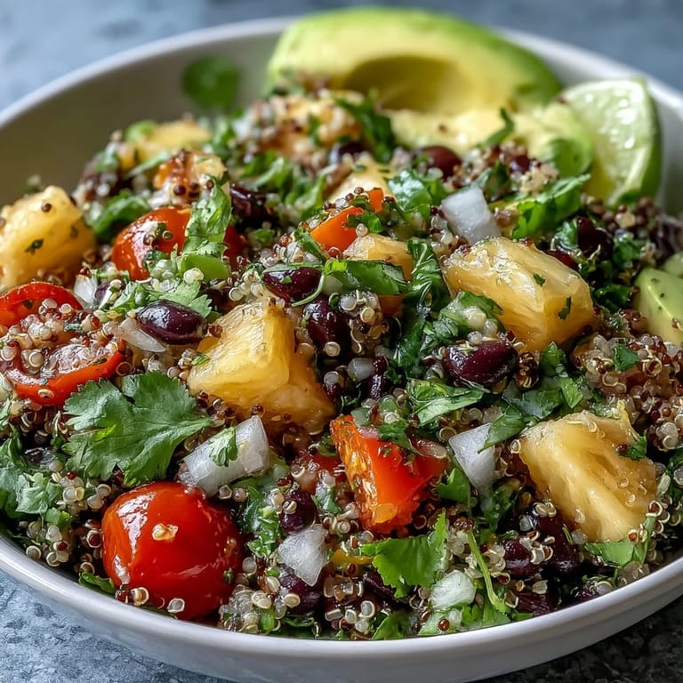 Colorful Tropical Quinoa Salad with Pineapple and Black Beans topped with diced avocado and a zesty lime dressing.