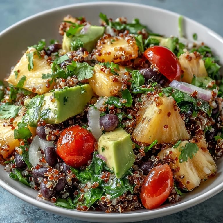 A large bowl of Tropical Quinoa Salad with Pineapple and Black Beans garnished with fresh cilantro for a light lunch.