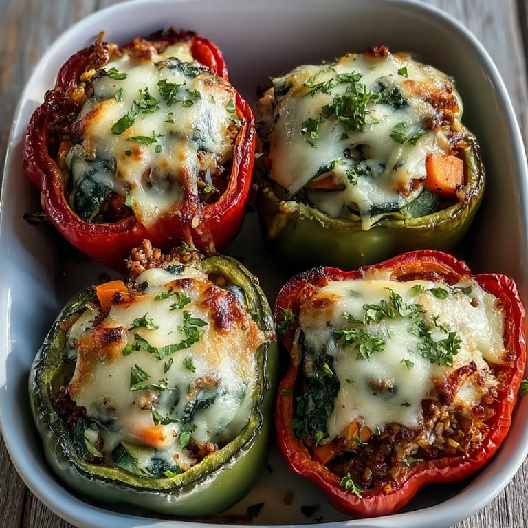 Lean ground turkey and brown rice filling inside bright red and yellow bell peppers.