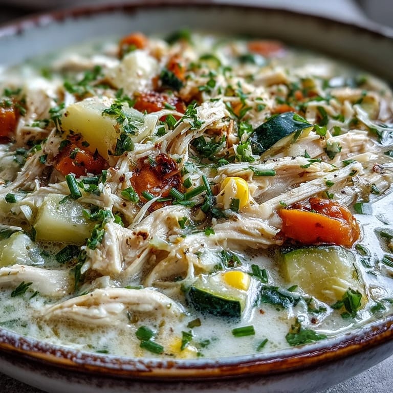 Creamy Ranch Chicken Veggie Soup topped with chives and shredded chicken in a rustic stoneware bowl.