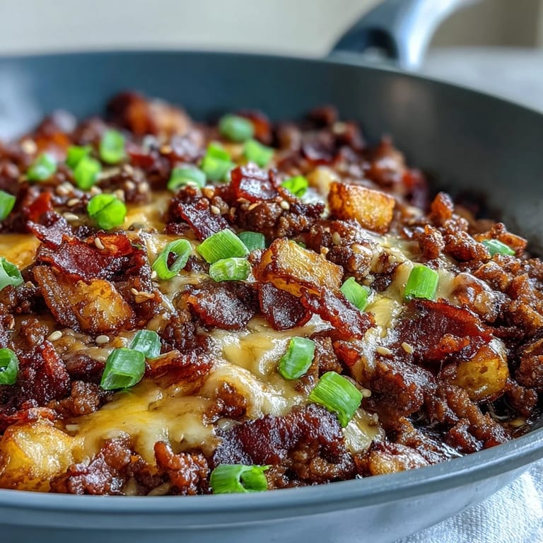 Sizzling ground beef and chopped pickles mix with tangy BBQ sauce in this hearty one-pan skillet meal, topped with green onions.