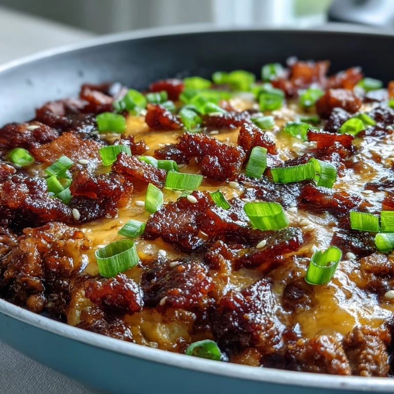 A fork lifts a cheesy serving of Keto BBQ Bacon Cheeseburger Skillet, revealing savory beef, cherry tomatoes, and a low-carb dinner for four.