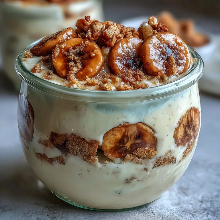 Nutritious banana pudding featuring vanilla whey protein, non-fat Greek yogurt, and fresh banana slices in a serving cup.