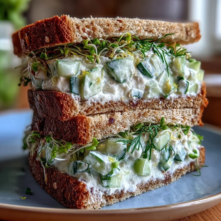 Crisp cucumber salad mixed with feta, lemon, and herbs layered on whole-grain bread with red onion and sprouts.