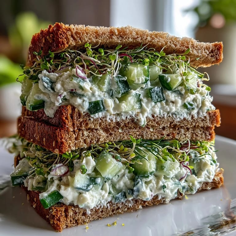 Cool cucumber salad with creamy yogurt and fresh herbs on hearty whole-grain bread, topped with crunchy alfalfa sprouts.