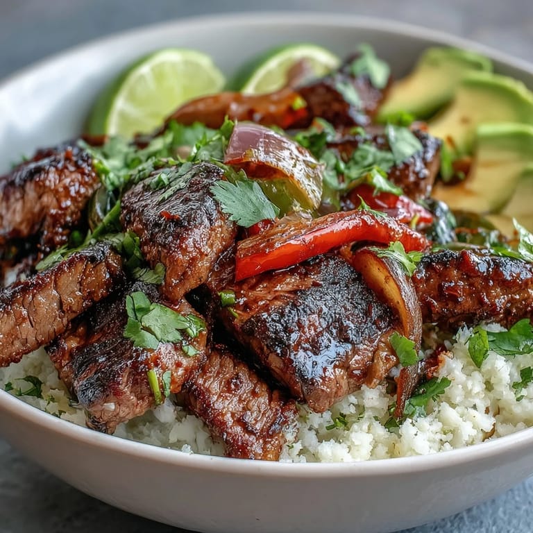 Sizzling flank steak fajita bowl packed with tender steak, charred bell peppers, and onions, served over cauliflower rice with fresh cilantro and lime.