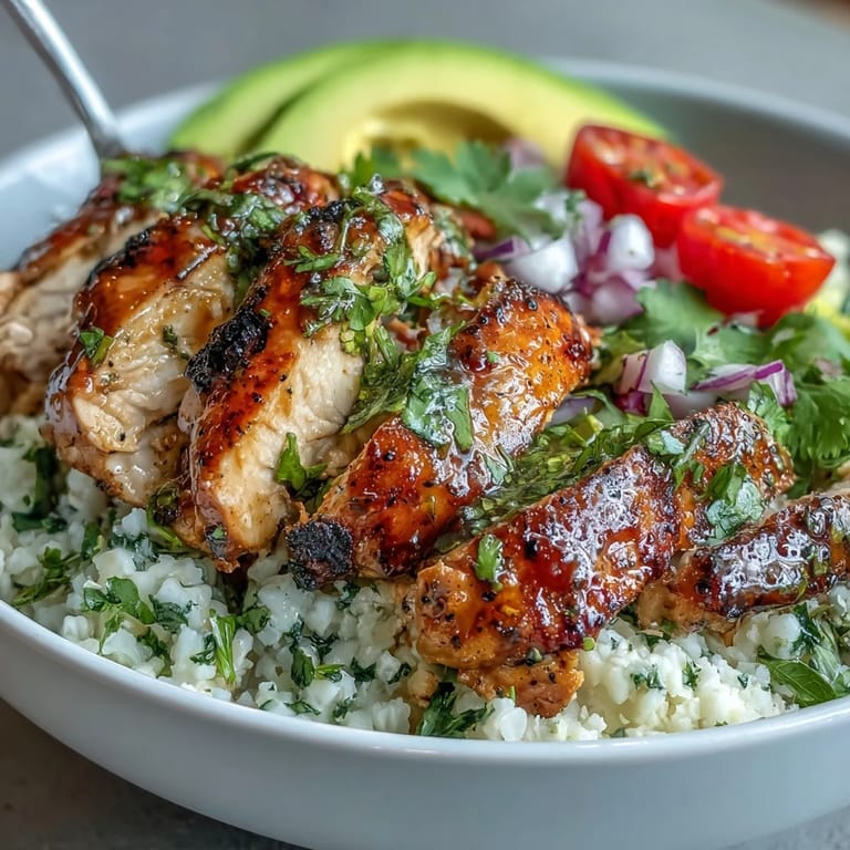Juicy cilantro lime marinated chicken served over light cauliflower rice with vibrant vegetables, perfect for a healthy Tex-Mex meal.