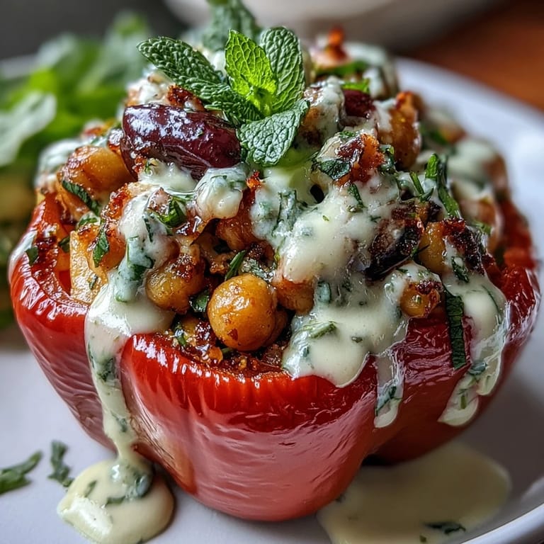 Hearty bell peppers packed with a savory chickpea and quinoa mixture, topped with a bright, zesty lemon tahini dressing. Perfect for a healthy vegan main course.