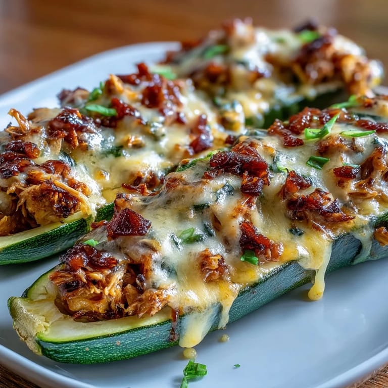 Golden zucchini halves stuffed with juicy BBQ chicken, topped with bubbling cheese and served hot from the oven.  
