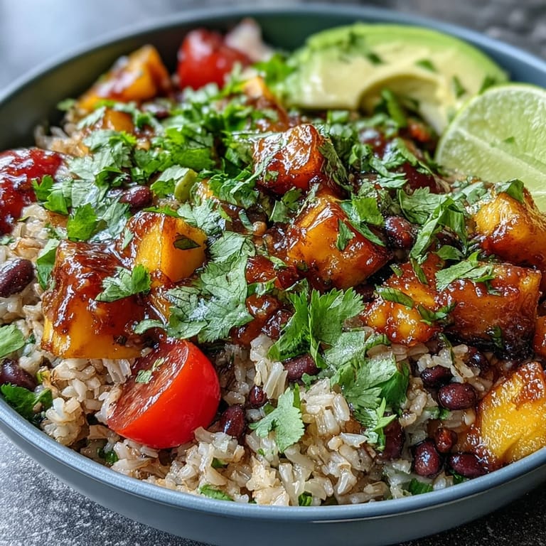Colorful vegetarian rice bowl featuring tropical mango, black beans, corn, and red bell pepper with a spicy lime vinaigrette.  