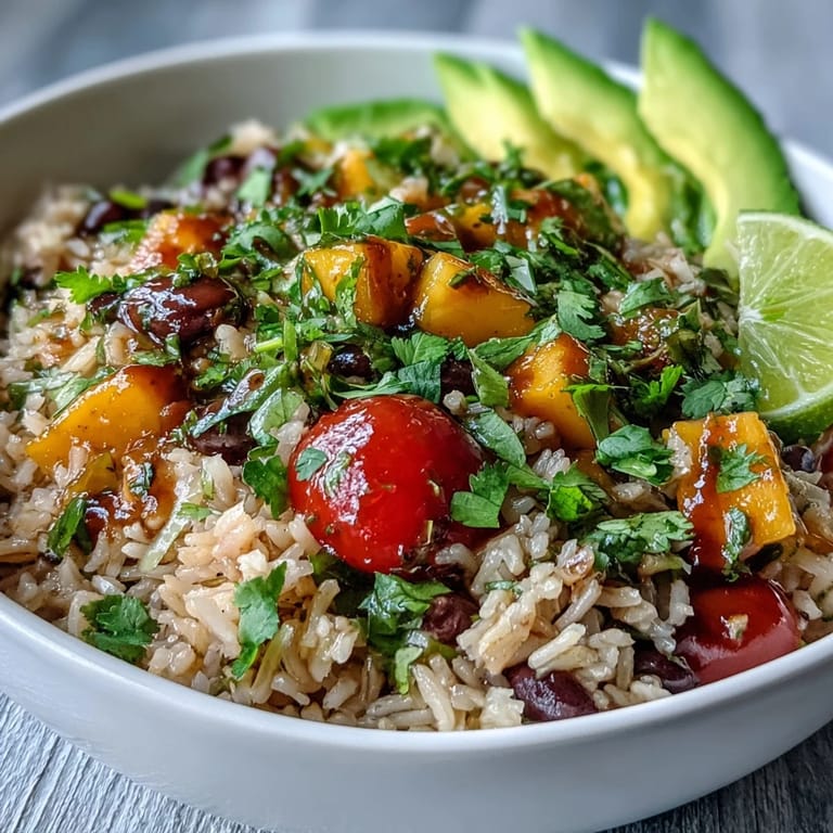 Hearty vegan fiesta bowl with nutty brown rice, juicy mango, black beans, and crisp veggies topped with creamy avocado.