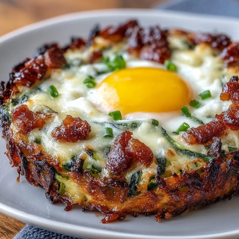 Savory zucchini nests baked to golden perfection, filled with crumbled bacon and runny egg yolks, topped with melted cheese for a keto-friendly morning treat.