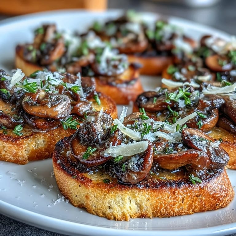Golden-brown baguette slices topped with buttery wild mushrooms, minced garlic, and shaved Parmesan for a savory appetizer.  